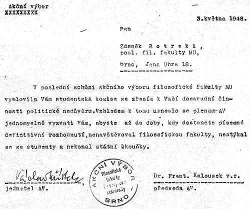 dopis akčního výboru ze 3. května 1948 básníku Zdeňku Rotreklovi